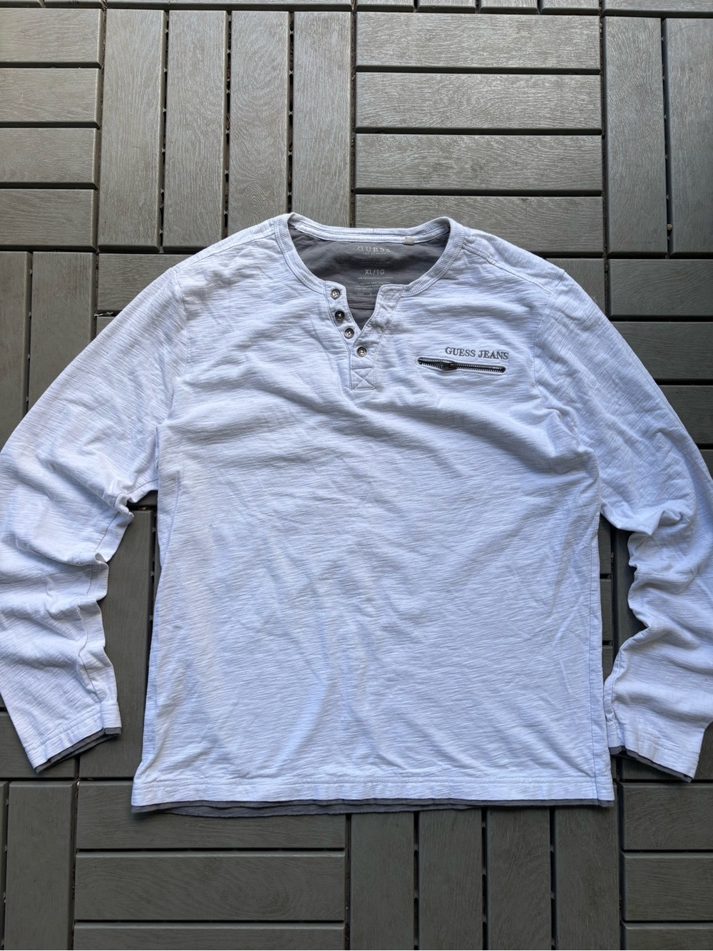 Guess Light Gray Long-Sleeve Henley with Chest Logo